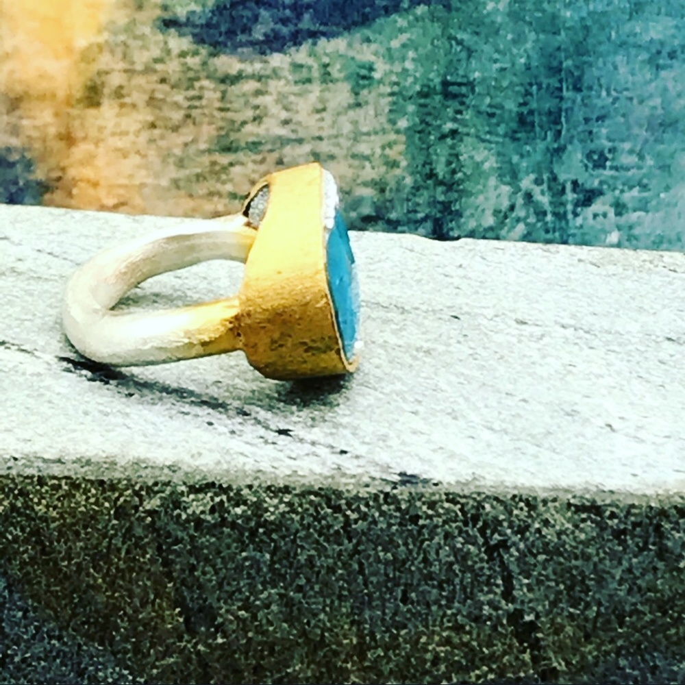 Handmade Ocean Blue Turmaline silver gold ring - Picture 6 of 6